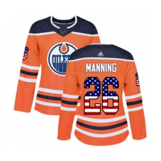 Women's Edmonton Oilers 26 Brandon Manning Authentic Orange USA Flag Fashion Hockey Jersey