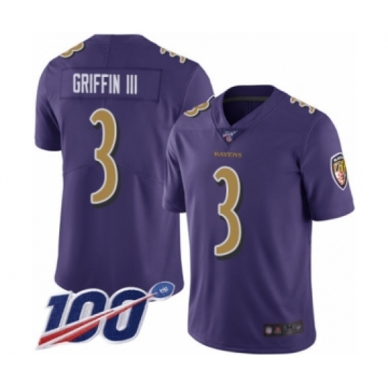 Men's Baltimore Ravens 3 Robert Griffin III Limited Purple Rush Vapor Untouchable 100th Season Football Jersey