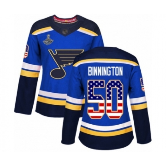 Women's St. Louis Blues 50 Jordan Binnington Authentic Blue USA Flag Fashion 2019 Stanley Cup Champions Hockey Jersey