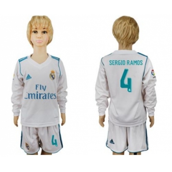 Real Madrid 4 Sergio Ramos Home Long Sleeves Kid Soccer Club Jersey