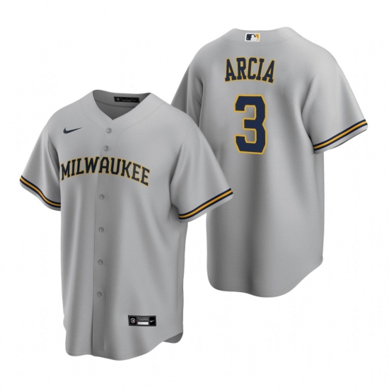 Men's Nike Milwaukee Brewers 3 Orlando Arcia Gray Road Stitched Baseball Jersey