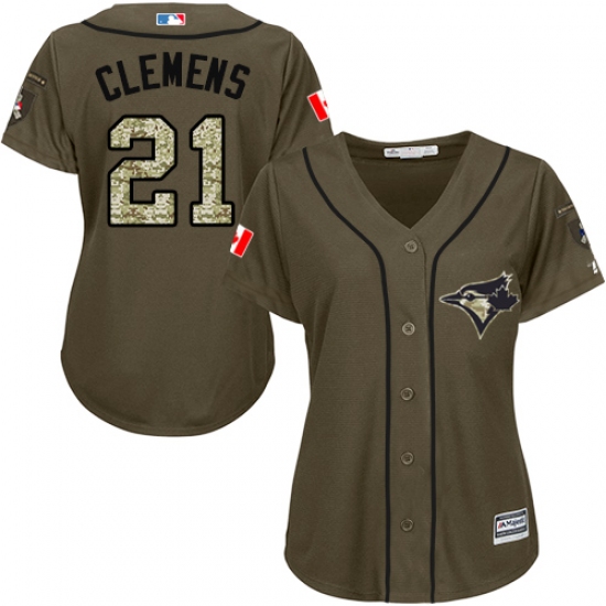 Women's Majestic Toronto Blue Jays 21 Roger Clemens Authentic Green Salute to Service MLB Jersey
