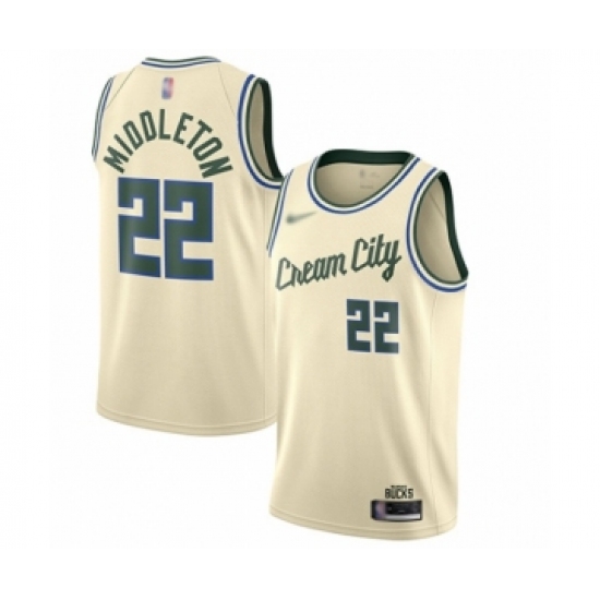 Youth Milwaukee Bucks 22 Khris Middleton Swingman Cream Basketball Jersey - 2019 20 City Edition