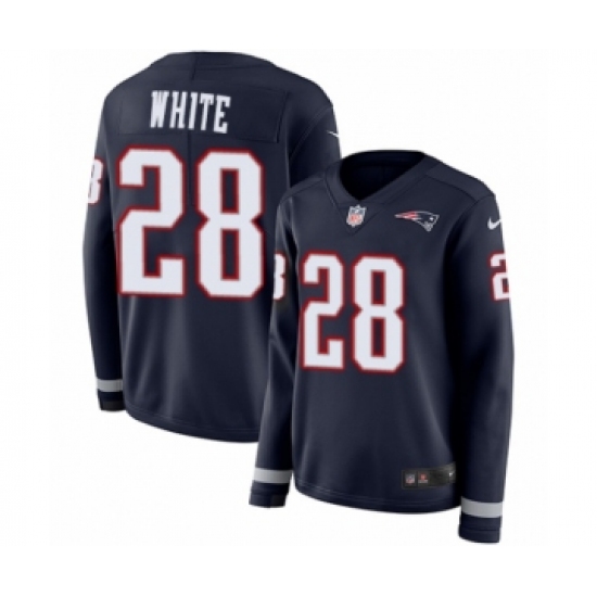 Women's Nike New England Patriots 28 James White Limited Navy Blue Therma Long Sleeve NFL Jersey