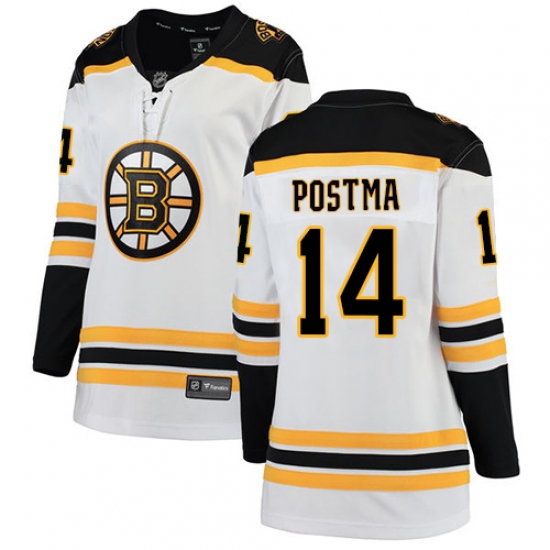 Women's Boston Bruins 14 Paul Postma Authentic White Away Fanatics Branded Breakaway NHL Jersey