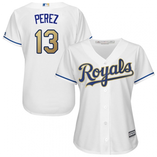 Women's Majestic Kansas City Royals 13 Salvador Perez Authentic White Home Cool Base MLB Jersey