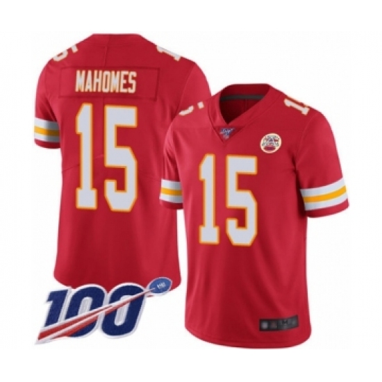 Men's Nike Kansas City Chiefs 15 Patrick Mahomes Red Team Color Vapor Untouchable Limited Player 100th Season NFL Jersey