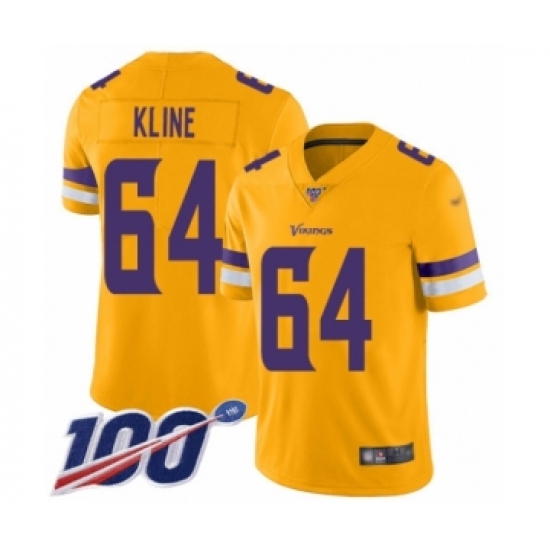 Men's Minnesota Vikings 64 Josh Kline Limited Gold Inverted Legend 100th Season Football Jersey