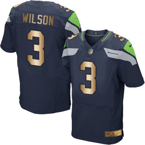 Men's Nike Seattle Seahawks 3 Russell Wilson Elite Navy/Gold Team Color NFL Jersey