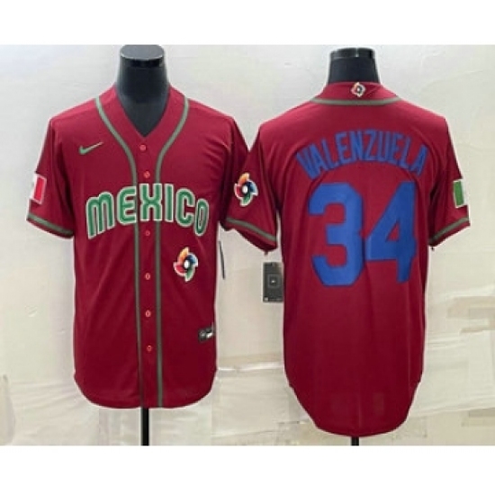 Men's Mexico Baseball 34 Fernando Valenzuela 2023 Red Blue World Baseball Classic Stitched Jersey