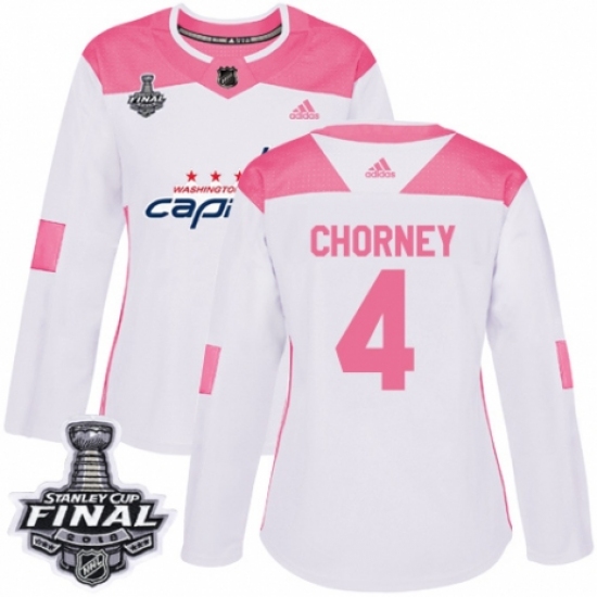 Women's Adidas Washington Capitals 4 Taylor Chorney Authentic White/Pink Fashion 2018 Stanley Cup Final NHL Jersey