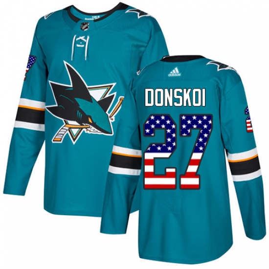 Men's Adidas San Jose Sharks 27 Joonas Donskoi Authentic Teal Green USA Flag Fashion NHL Jersey