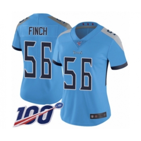 Women's Tennessee Titans 56 Sharif Finch Light Blue Alternate Vapor Untouchable Limited Player 100th Season Football Jersey