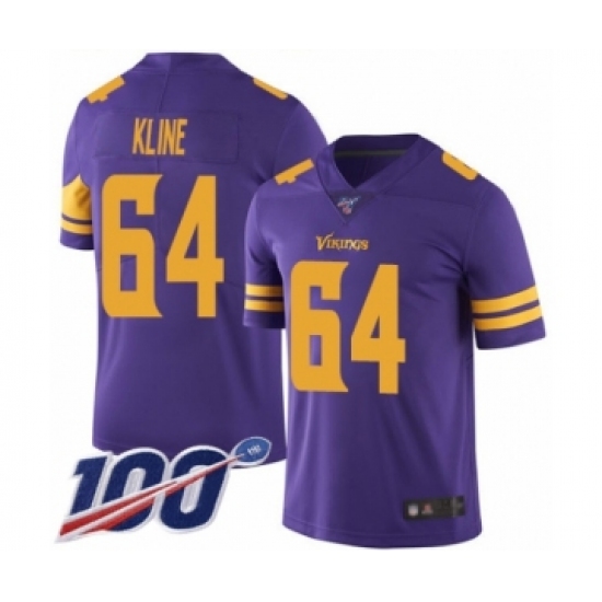 Men's Minnesota Vikings 64 Josh Kline Limited Purple Rush Vapor Untouchable 100th Season Football Jersey