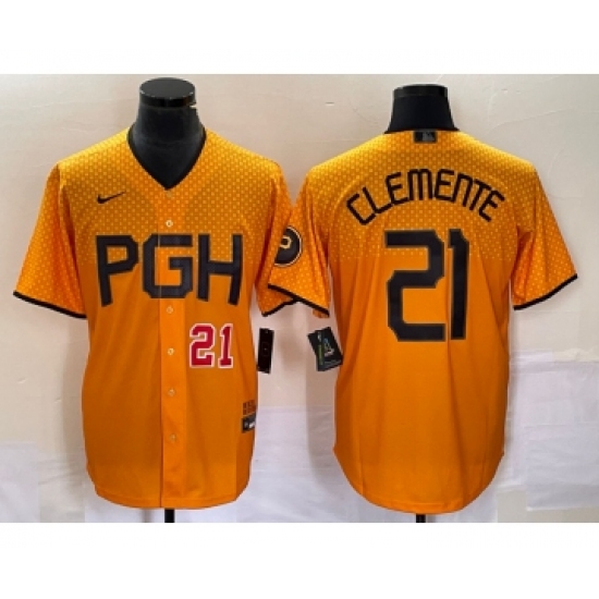 Men's Nike Pittsburgh Pirates 21 Roberto Clemente Number Gold 2023 City Connect Stitched Jersey