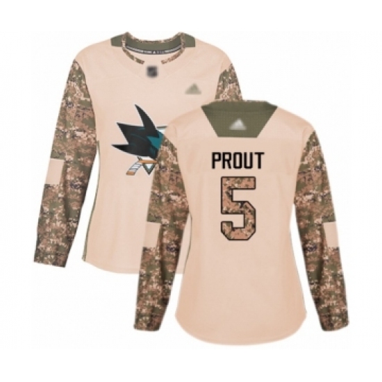 Women's San Jose Sharks 5 Dalton Prout Authentic Camo Veterans Day Practice Hockey Jersey