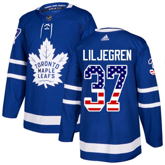 Men's Adidas Toronto Maple Leafs 37 Timothy Liljegren Authentic Royal Blue USA Flag Fashion NHL Jersey