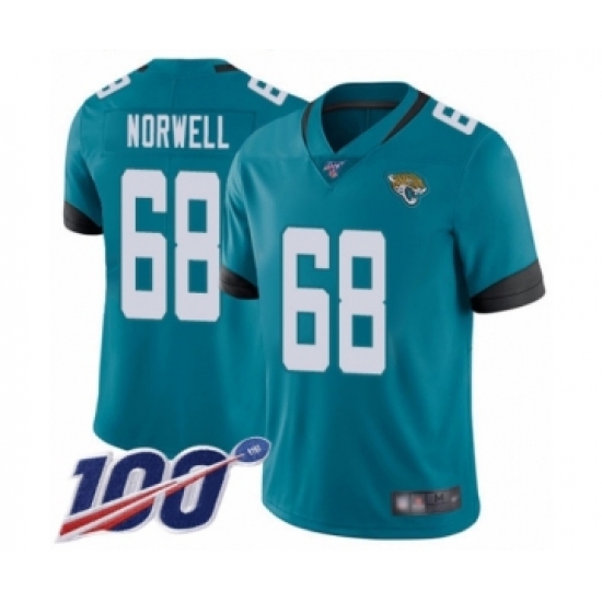 Men's Jacksonville Jaguars 68 Andrew Norwell Teal Green Alternate Vapor Untouchable Limited Player 100th Season Football Jersey