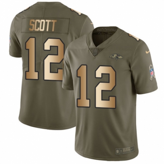 Youth Nike Baltimore Ravens 12 Jaleel Scott Limited Olive/Gold Salute to Service NFL Jersey