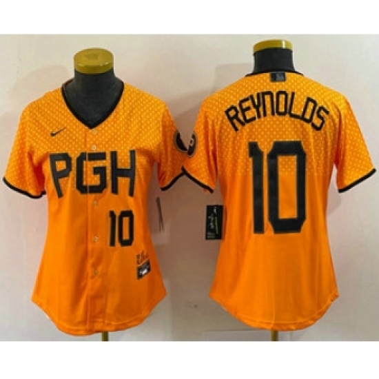 Women's Pittsburgh Pirates 10 Bryan Reynolds Number Yellowd 2023 City Connect Stitched Jersey1