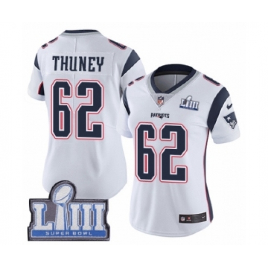 Women's Nike New England Patriots 62 Joe Thuney White Vapor Untouchable Limited Player Super Bowl LIII Bound NFL Jersey