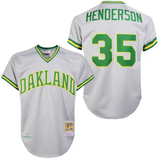 Men's Mitchell and Ness Oakland Athletics 35 Rickey Henderson Replica Grey 1981 Throwback MLB Jersey