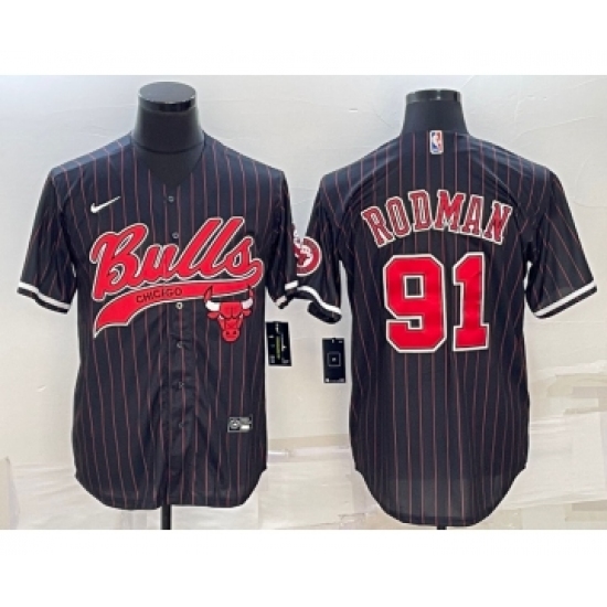 Men's Chicago Bulls 91 Dennis Rodman Black Pinstripe With Patch Cool Base Stitched Baseball Jersey