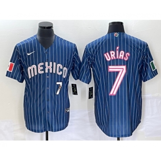 Men's Mexico Baseball 7 Julio Urias Number Navy Blue Pinstripe 2020 World Series Cool Base Nike Jersey