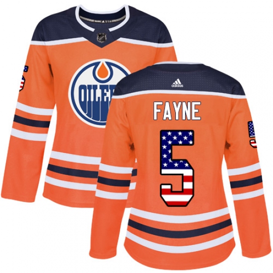 Women's Adidas Edmonton Oilers 5 Mark Fayne Authentic Orange USA Flag Fashion NHL Jersey