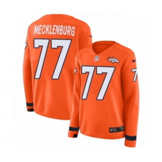 Women's Nike Denver Broncos 77 Karl Mecklenburg Limited Orange Therma Long Sleeve NFL Jersey