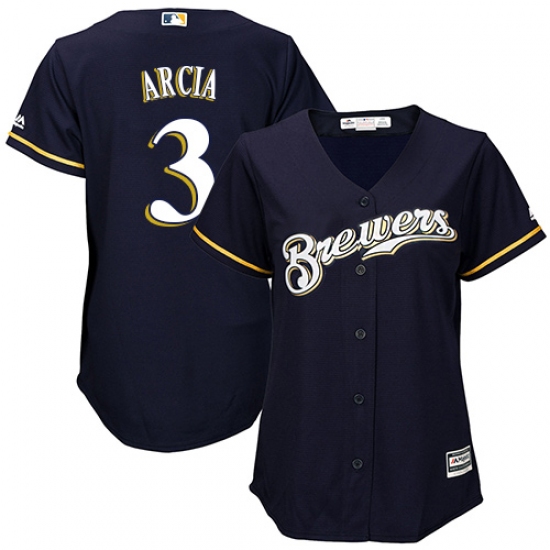 Women's Majestic Milwaukee Brewers 3 Orlando Arcia Replica Navy Blue Alternate Cool Base MLB Jersey