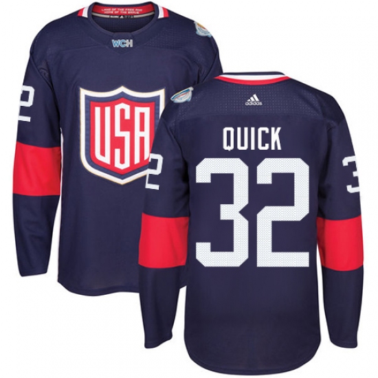 Men's Adidas Team USA 32 Jonathan Quick Authentic Navy Blue Away 2016 World Cup Ice Hockey Jersey