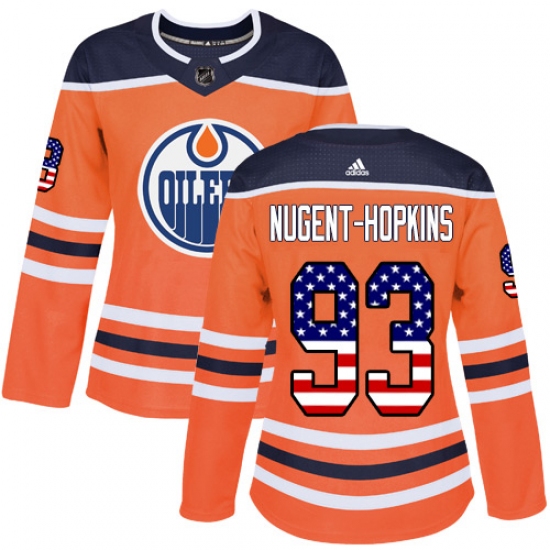 Women's Adidas Edmonton Oilers 93 Ryan Nugent-Hopkins Authentic Orange USA Flag Fashion NHL Jersey