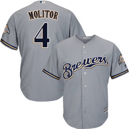 Youth Majestic Milwaukee Brewers 4 Paul Molitor Replica Grey Road Cool Base MLB Jersey