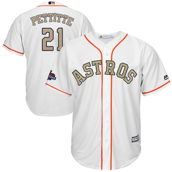 Youth Majestic Houston Astros 21 Andy Pettitte Authentic White 2018 Gold Program Cool Base MLB Jersey