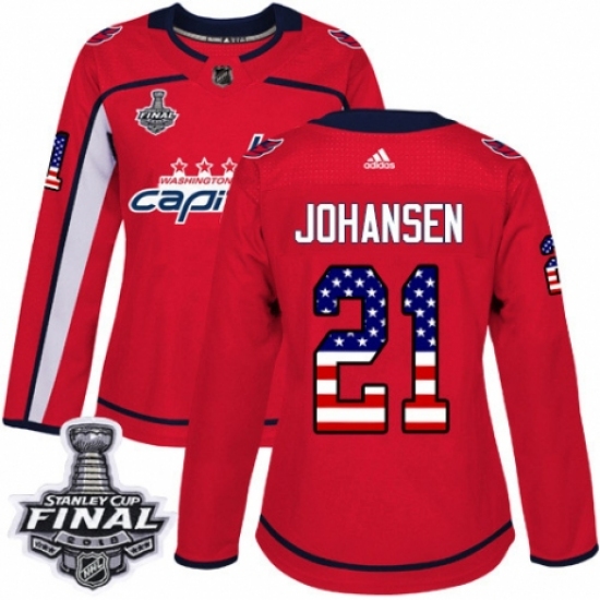 Women's Adidas Washington Capitals 21 Lucas Johansen Authentic Red USA Flag Fashion 2018 Stanley Cup Final NHL Jersey
