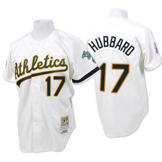 Men's Mitchell and Ness Oakland Athletics 17 Glenn Hubbard Replica White Throwback MLB Jersey