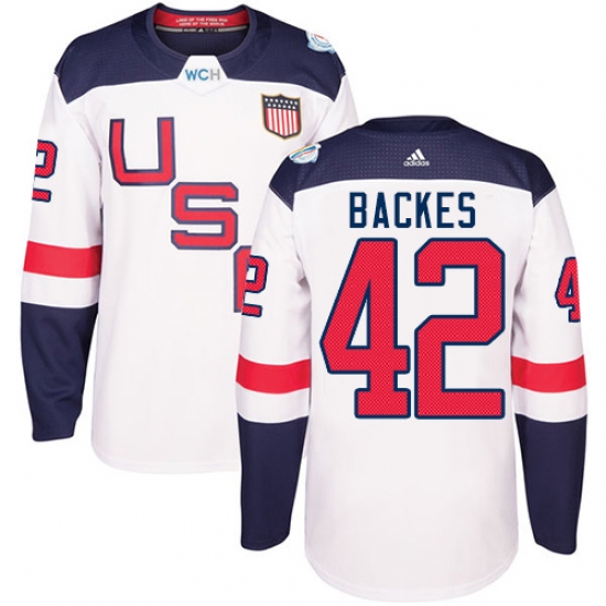 Men's Adidas Team USA 42 David Backes Authentic White Home 2016 World Cup Ice Hockey Jersey