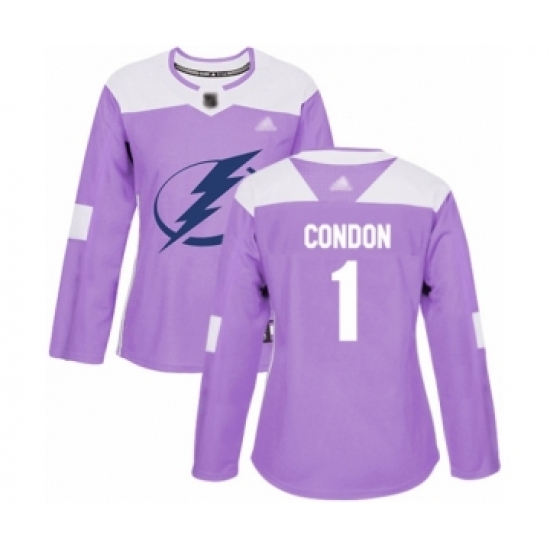 Women's Tampa Bay Lightning 1 Mike Condon Authentic Purple Fights Cancer Practice Hockey Jersey