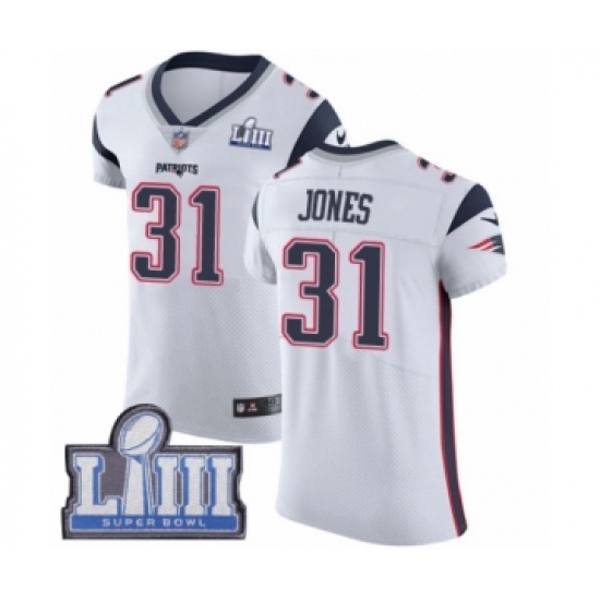 Men's Nike New England Patriots 31 Jonathan Jones White Vapor Untouchable Elite Player Super Bowl LIII Bound NFL Jersey