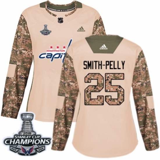 Women's Adidas Washington Capitals 25 Devante Smith-Pelly Authentic Camo Veterans Day Practice 2018 Stanley Cup Final Champions NHL Jersey