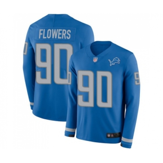 Men's Detroit Lions 90 Trey Flowers Limited Blue Therma Long Sleeve Football Jersey