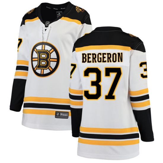 Women's Boston Bruins 37 Patrice Bergeron Authentic White Away Fanatics Branded Breakaway NHL Jersey