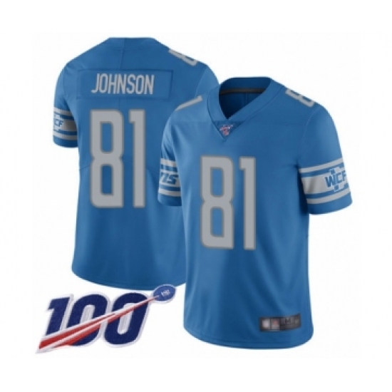 Men's Detroit Lions 81 Calvin Johnson Blue Team Color Vapor Untouchable Limited Player 100th Season Football Jersey