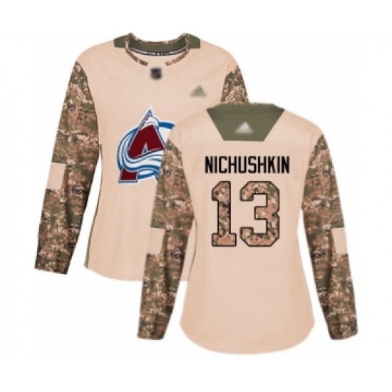 Women's Colorado Avalanche 13 Valeri Nichushkin Authentic Camo Veterans Day Practice Hockey Jersey