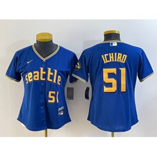 Women's Seattle Mariners 51 Ichiro Suzuki Number Blue 2023 City Connect Cool Base Stitched Jersey