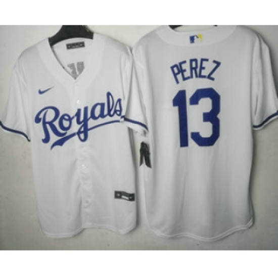 Men's Kansas City Royals 13 Salvador Perez White Cool Base Stitched MLB Jersey