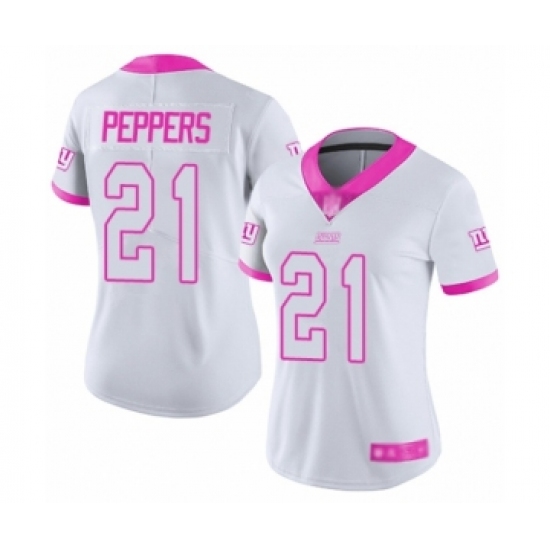 Women's New York Giants 21 Jabrill Peppers Limited White Pink Rush Fashion Football Jersey