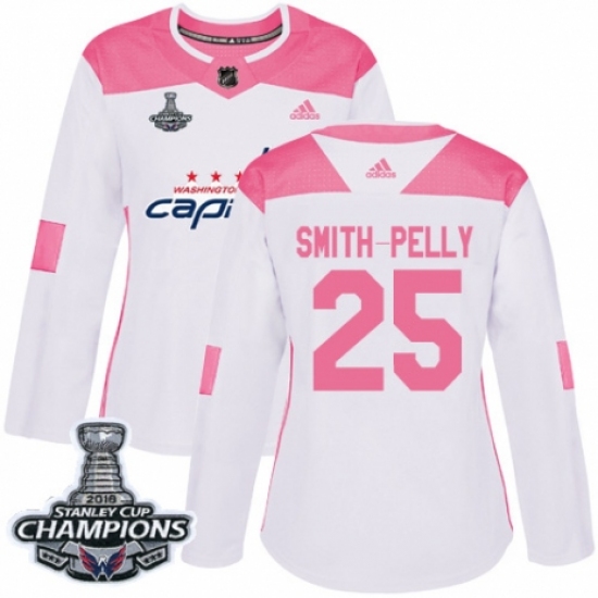 Women's Adidas Washington Capitals 25 Devante Smith-Pelly Authentic White Pink Fashion 2018 Stanley Cup Final Champions NHL Jersey