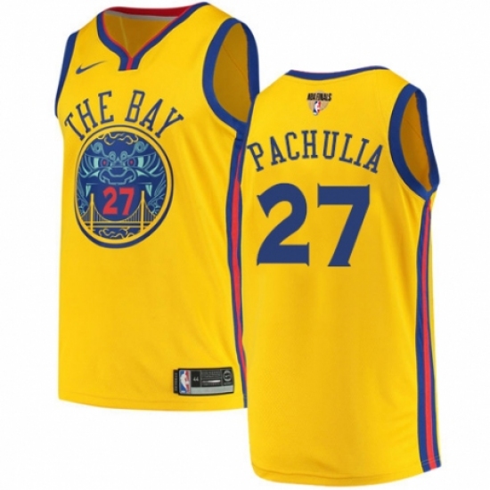 Men's Nike Golden State Warriors 27 Zaza Pachulia Authentic Gold 2018 NBA Finals Bound NBA Jersey - City Edition